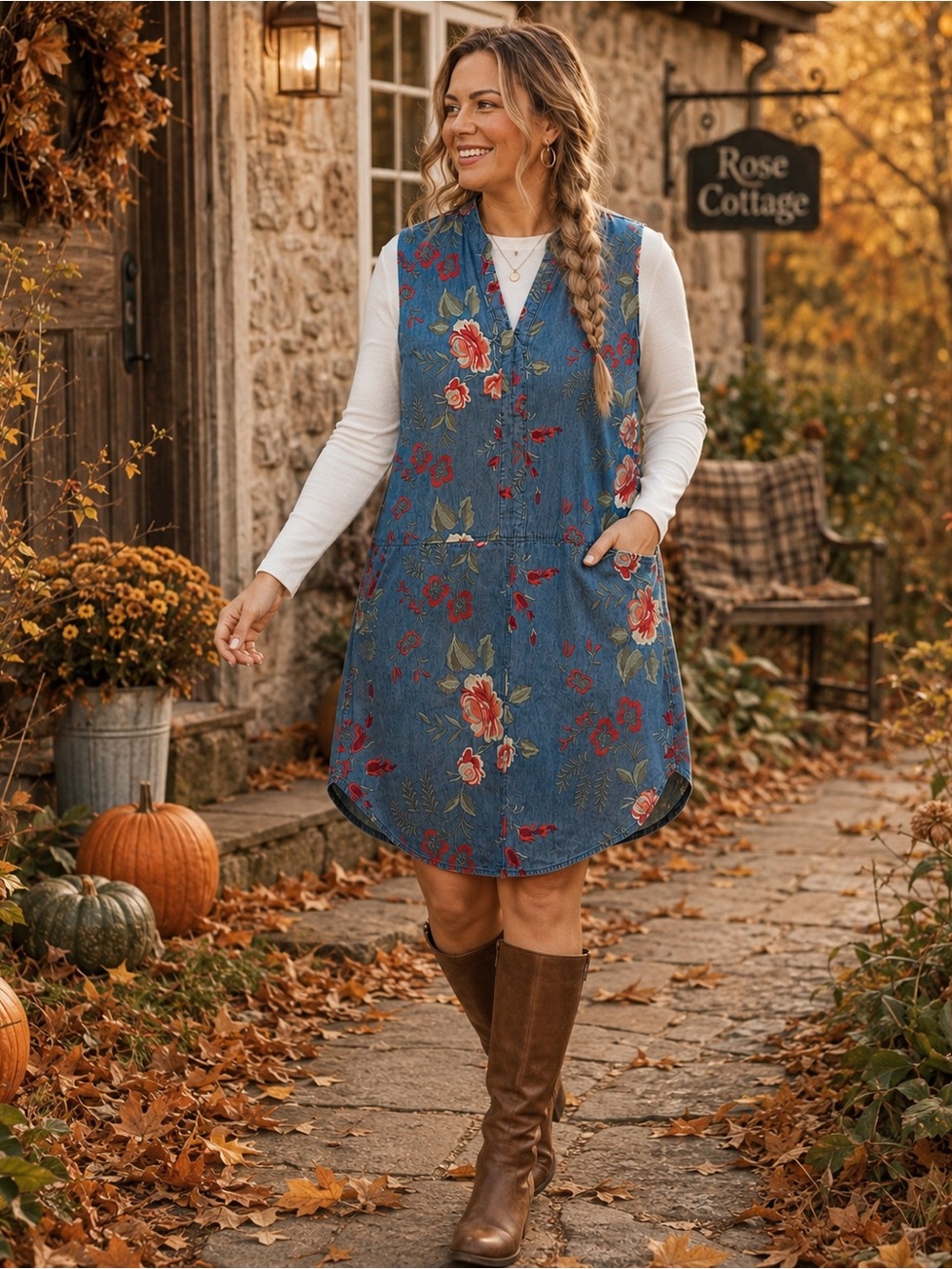 Beige by ECI Size 12 Embroidered Chambray Denim Floral Sleeveless Dress Boho